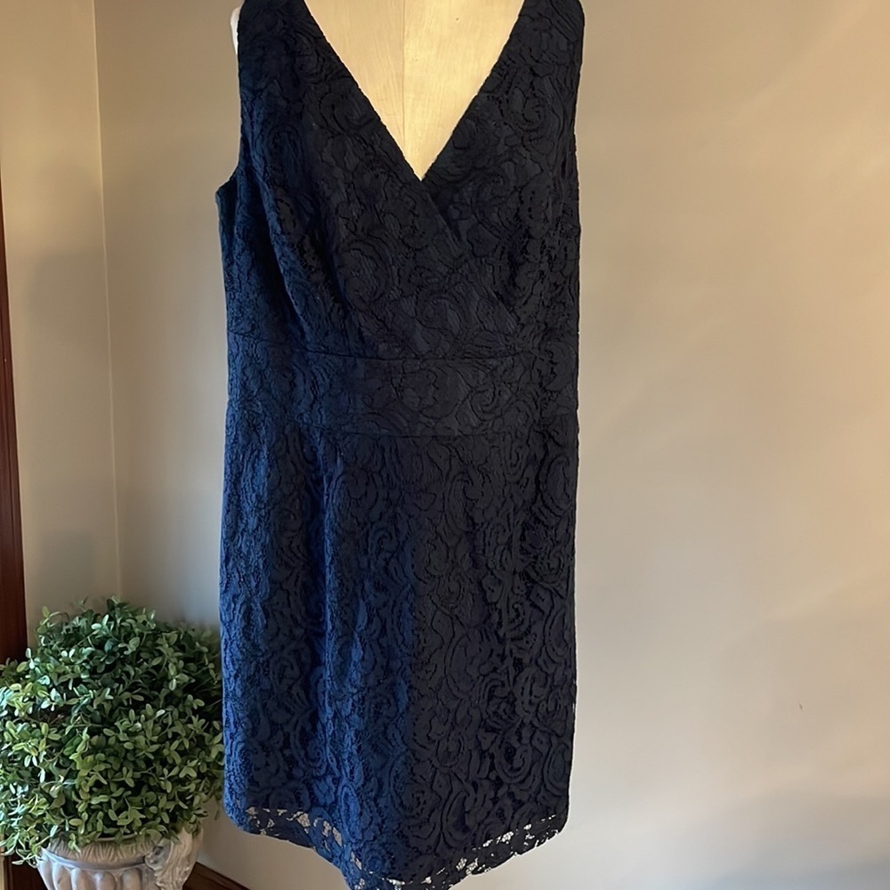 Jasmine navy blue formal evening midi lace sheath dress sleeveless v neckline 18